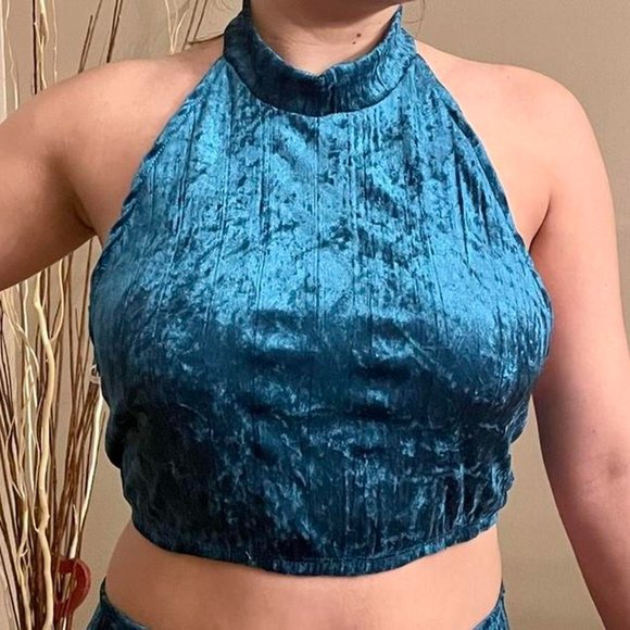 Tops - Blue Crushed Velvet Crop Halter Top